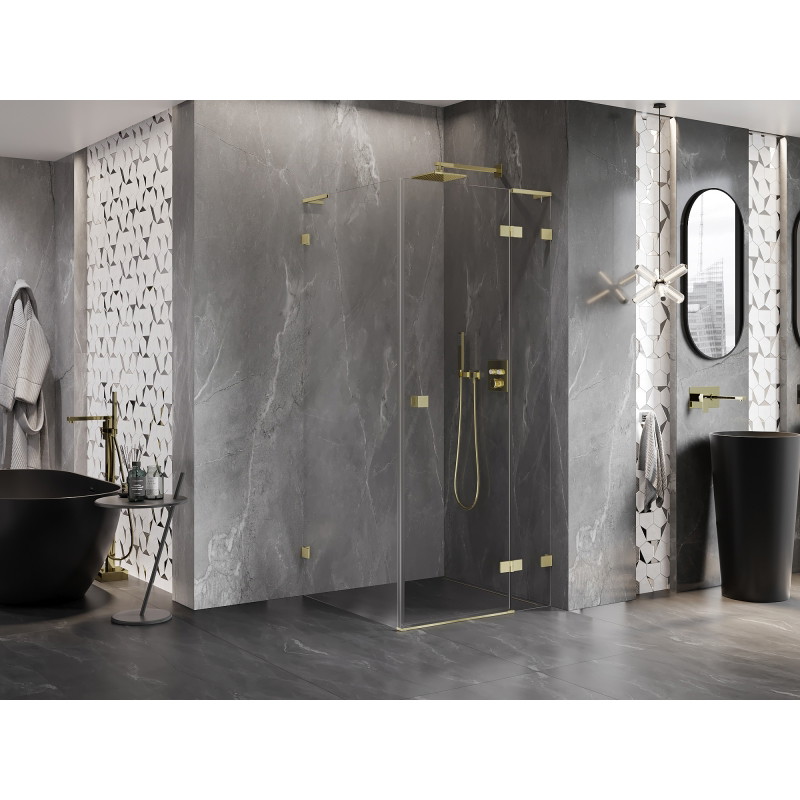 Mexen Lunar L dušinurk, parempoolne 100 x 100 cm, läbipaistev, harjatud kuld - 834L-100-100-55-00-P
