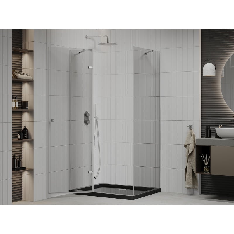 Mexen Roma kabina prysznicowa uchylna 120 x 90 cm, transparent, chrom + brodzik Flat, czarny - 854-120-090-01-00-4070