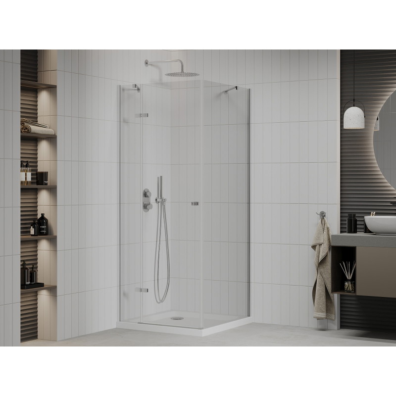 Mexen Roma kabina prysznicowa uchylna 100 x 100 cm, transparent, chrom + brodzik Flat - 854-100-100-01-00-4010