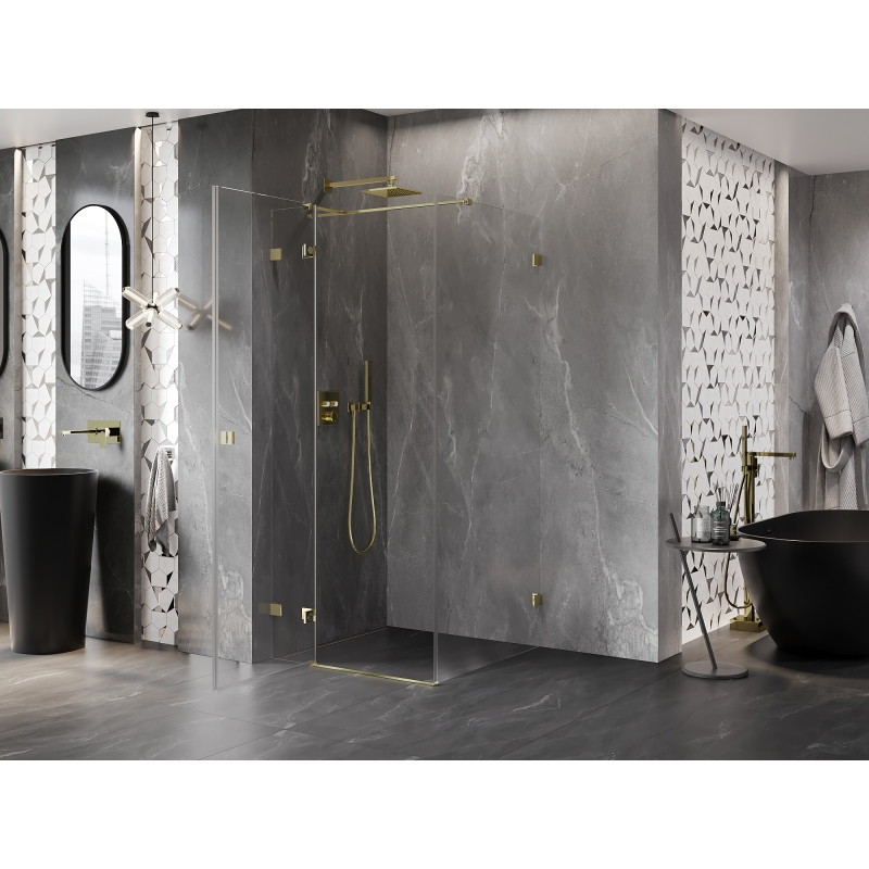 Mexen Lunar T vasakpoolne hingedega dušinurk 120 x 120 cm, läbipaistev, kuldne - 834T-120-120-50-00-L