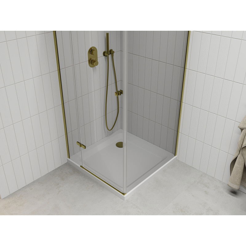 Mexen Roma 80 x 80 cm hinged shower enclosure, transparent, gold + Flat tray - 854-080-080-50-00-4010