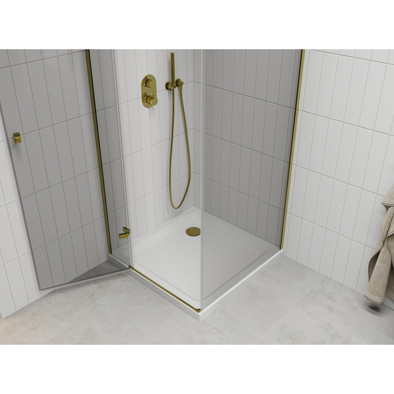 Mexen Roma scharnierend douchecabine 90 x 90 cm, transparant, goud + Flat douchebak - 854-090-090-50-00-4010