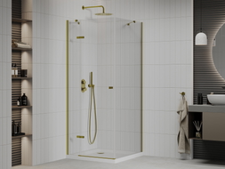 Mexen Roma zakretna tuš kabina 90 x 90 cm, prozirna, zlatna + plitica Flat - 854-090-090-50-00-4010