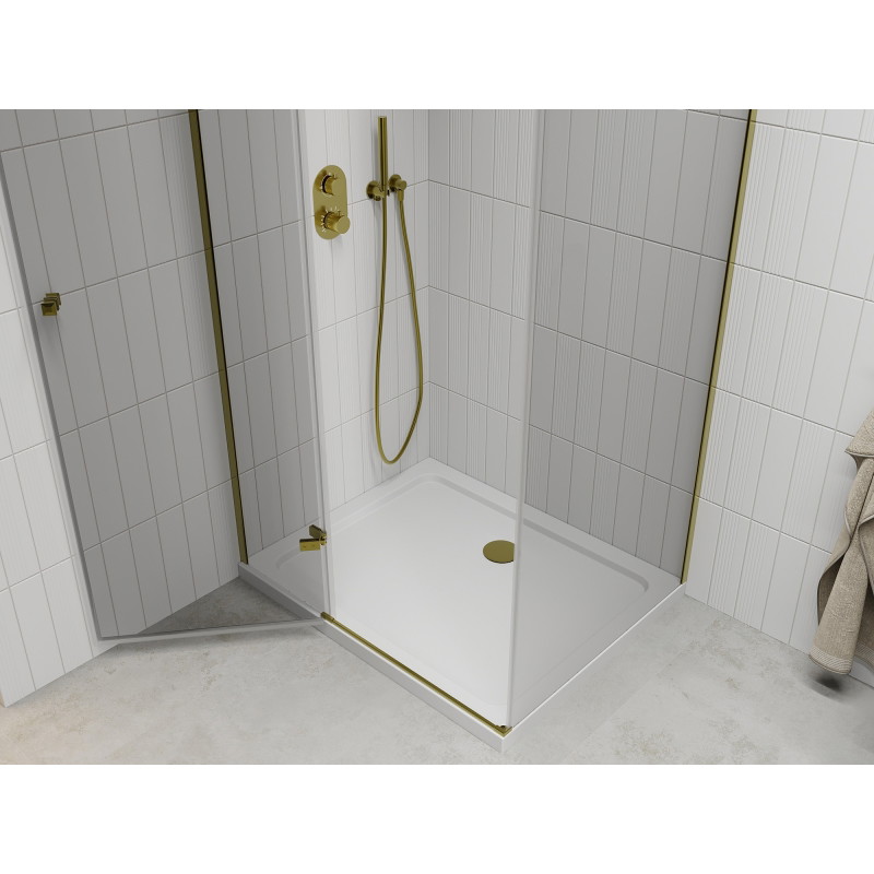Mexen Roma klizna kabina za tuš 70 x 80 cm, prozirna, zlatna + plitki tuš - 854-070-080-50-00-4010