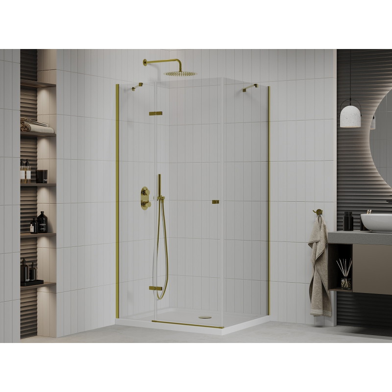 Mexen Roma klizna kabina za tuš 70 x 80 cm, prozirna, zlatna + plitki tuš - 854-070-080-50-00-4010