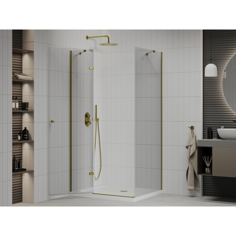 Mexen Roma klizna kabina za tuš 70 x 80 cm, prozirna, zlatna + plitki tuš - 854-070-080-50-00-4010