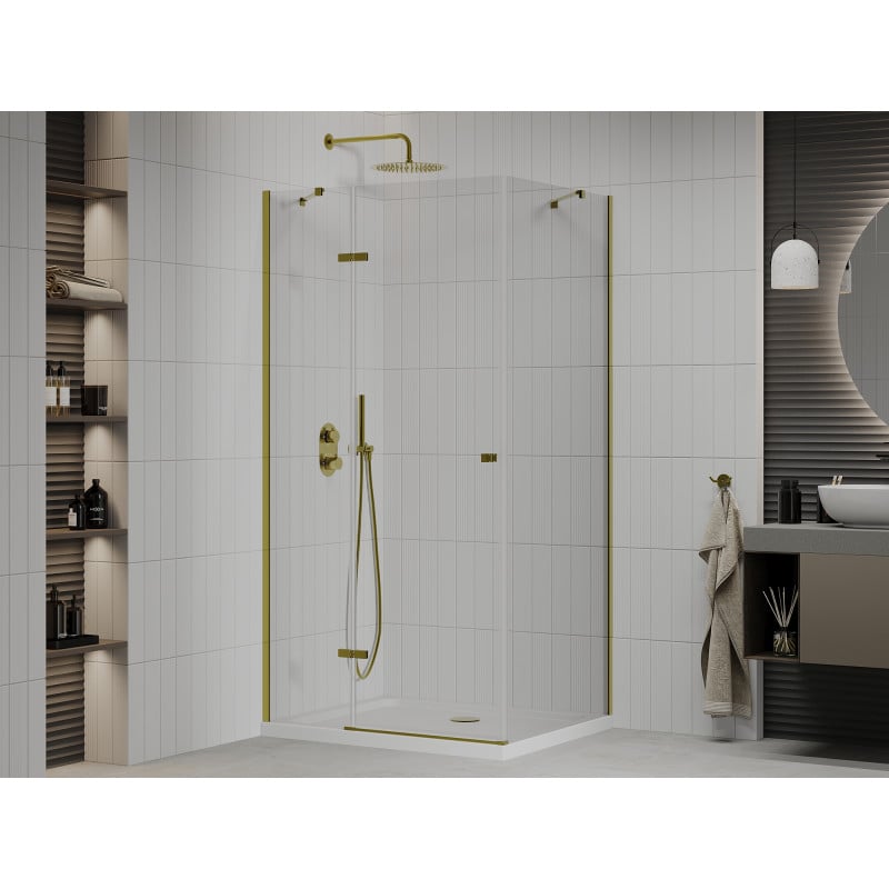 Mexen Roma cabina doccia a battente 100 x 80 cm, trasparente, oro + piatto Flat - 854-100-080-50-00-4010