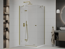 Mexen Roma douchecabine scharnierend 110 x 100 cm, transparant, goud + Flat douchebak - 854-110-100-50-00-4010