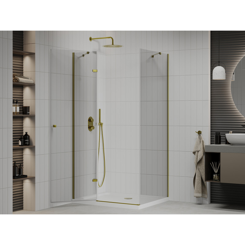 Mexen Roma Schwingtür-Duschkabine 120 x 90 cm, transparent, gold + Flat-Duschwanne - 854-120-090-50-00-4010
