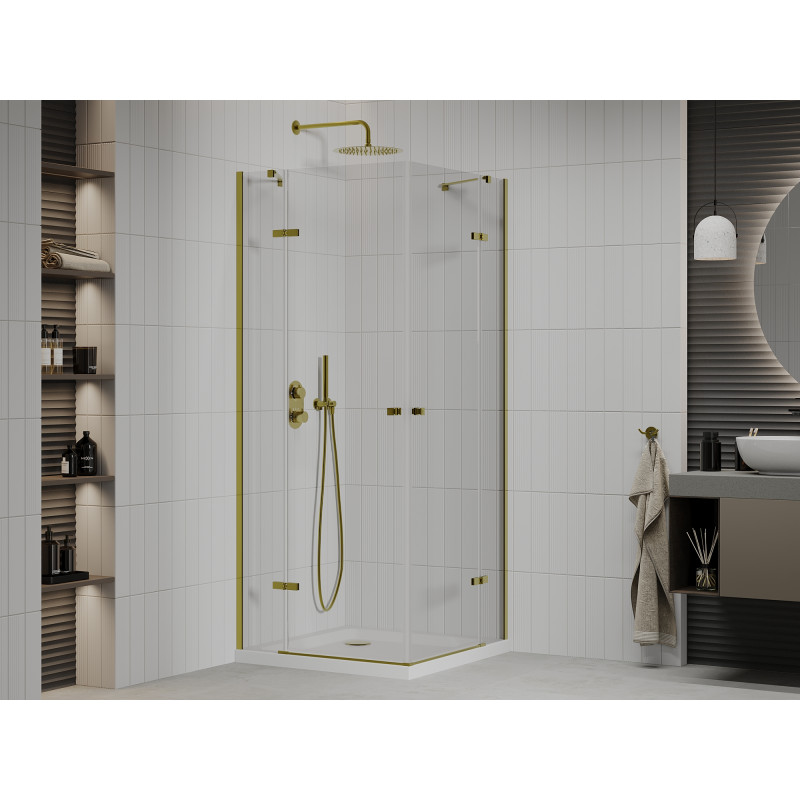 Mexen Roma Duo scharnierende douchecabine 70 x 70 cm, transparant, goud + Flat douchebak - 854-070-070-50-02-4010G