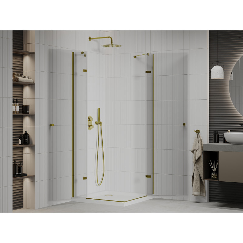 Mexen Roma Duo-Duschkabine klappbar 70 x 70 cm, transparent, gold + Duschwanne Flat - 854-070-070-50-02-4010G