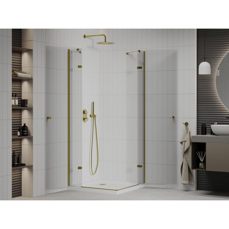 Mexen Roma Duo Duschkabine mit schwenkbarer Tür 90 x 90 cm, transparent, gold + Flat Duschwanne - 854-090-090-50-02-4010G