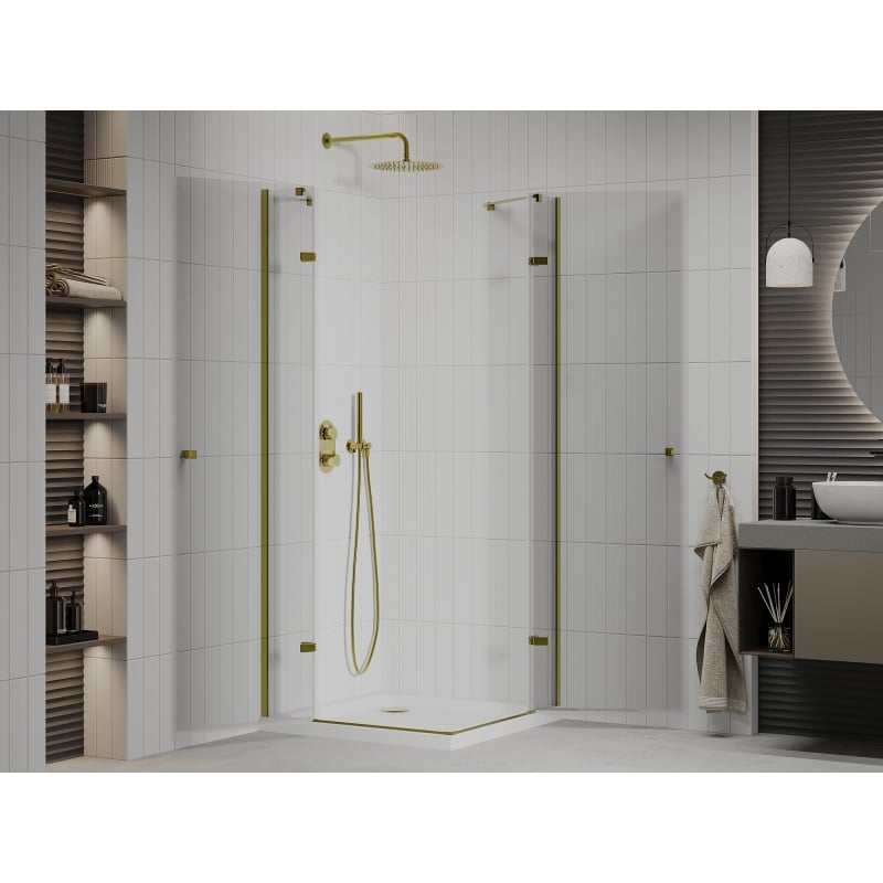 Mexen Roma Duo klizni tuš kabina 90 x 90 cm, prozirna, zlatna + ravna tuš kada - 854-090-090-50-02-4010G