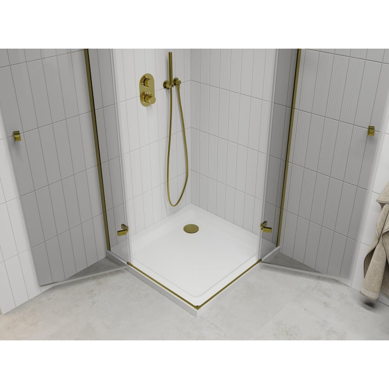 Mexen Roma Duo Duschkabine mit schwenkbarer Tür 90 x 90 cm, transparent, gold + Flat Duschwanne - 854-090-090-50-02-4010G