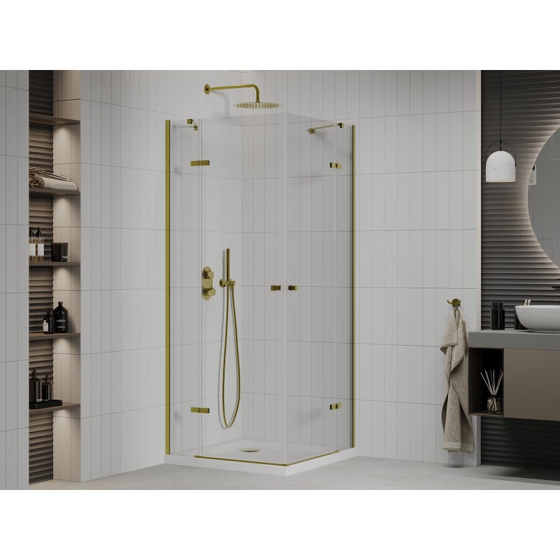 Mexen Roma Duo cabina de ducha abatible 90 x 90 cm, transparente, dorado + plato de ducha Flat - 854-090-090-50-02-4010G