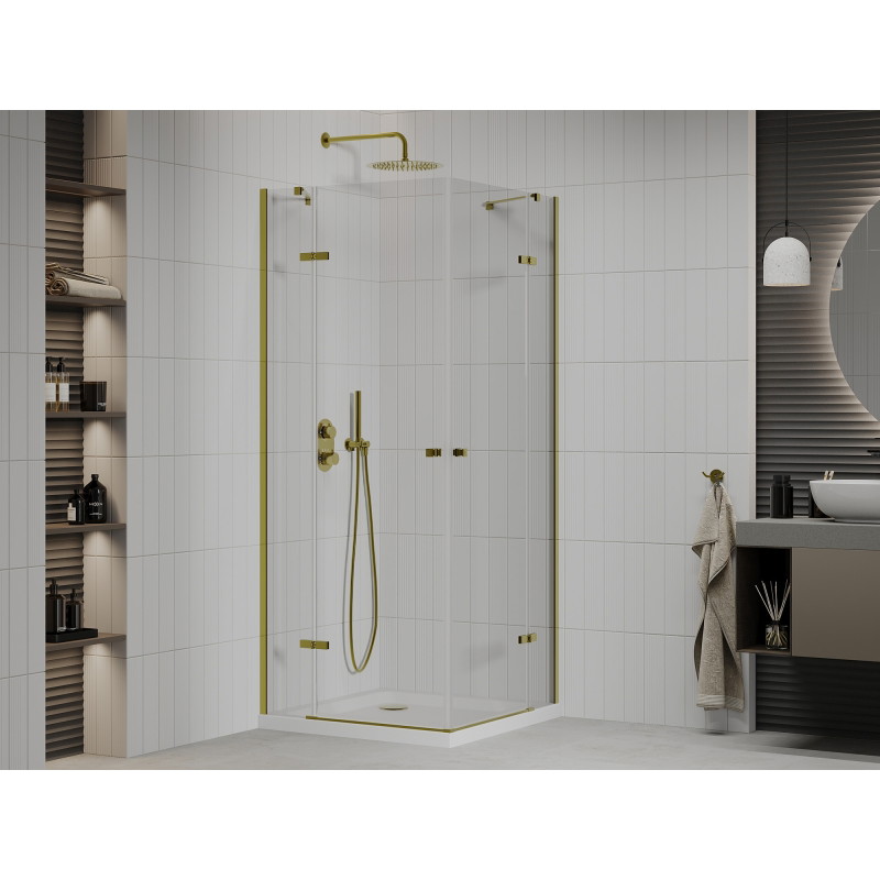 Mexen Roma Duo cabine de douche pivotante 90 x 90 cm, transparent, or + receveur plat - 854-090-090-50-02-4010G