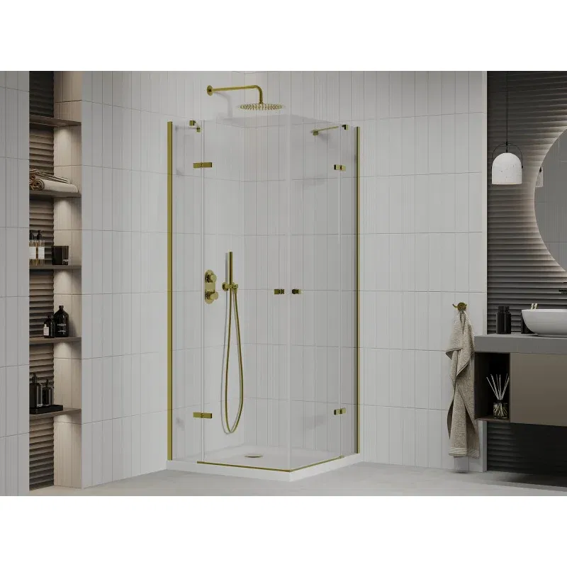 Mexen Roma Duo Duschkabine schwingend 90 x 90 cm, transparent, gold + Duschwanne Flat - 854-090-090-50-02-4010G