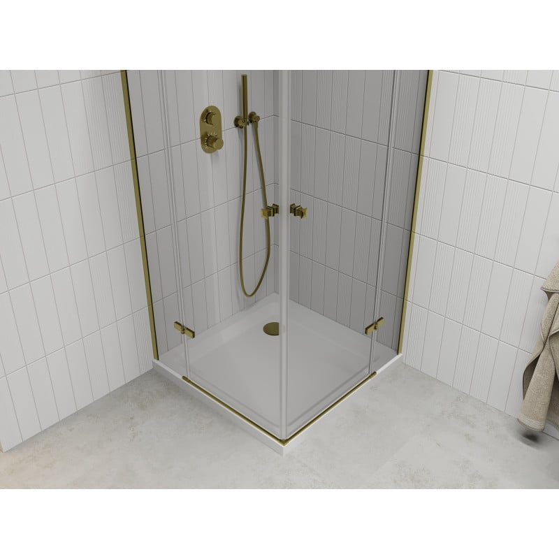 Mexen Roma Duo Duschkabine mit schwenkbarer Tür 90 x 90 cm, transparent, gold + Flat Duschwanne - 854-090-090-50-02-4010G