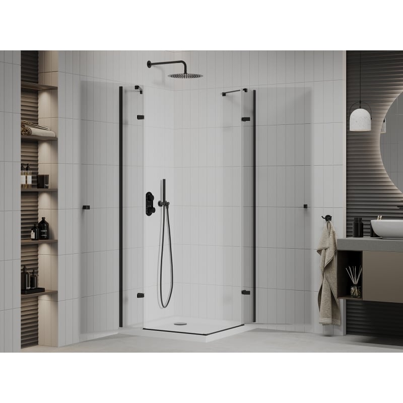 Mexen Roma Duo kabina prysznicowa uchylna 90 x 90 cm, transparent, czarna + brodzik Flat - 854-090-090-70-02-4010B