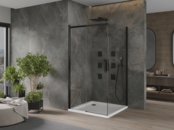 Mexen Omega cabine de douche coulissante 100 x 100 cm, transparente, noire + receveur Flat, blanc - 825-100-100-70-00-4010B