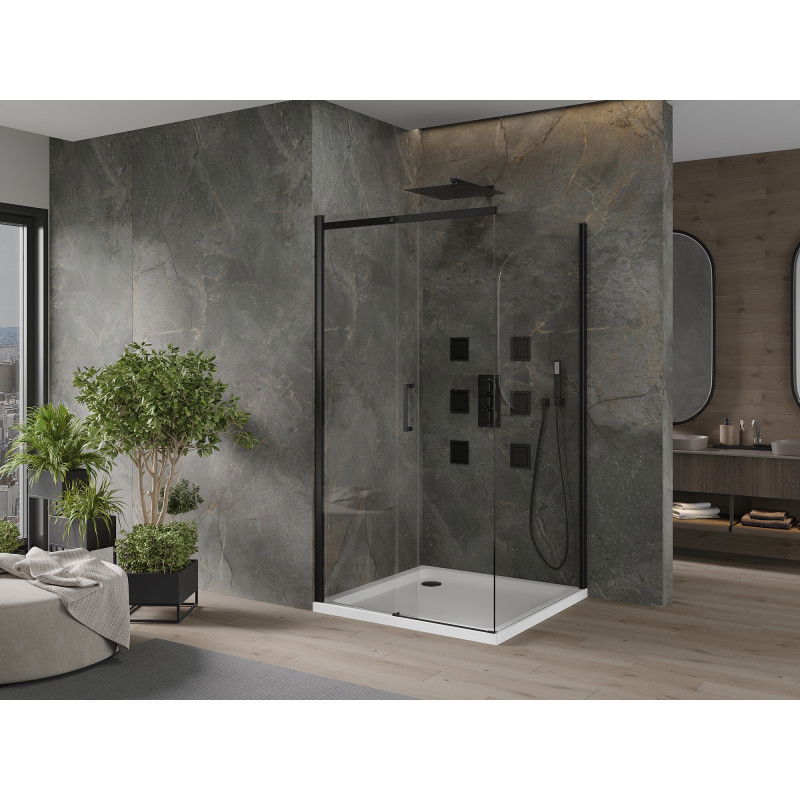 Mexen Omega cabine de duche deslizante 100 x 100 cm, transparente, preta + base de duche Flat, branco - 825-100-100-70-00-4010B