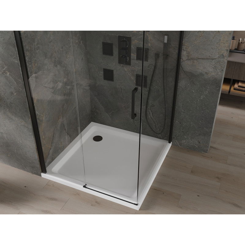 Mexen Omega skjutbar duschkabin 100 x 100 cm, transparent, svart + platt duschkar, vit - 825-100-100-70-00-4010B