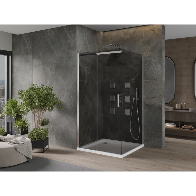 Mexen Omega kabina prysznicowa rozsuwana 100 x 100 cm, grafit, chrom + brodzik Flat, bialy - 825-100-100-01-40-4010