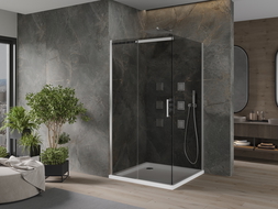 Mexen Omega skjutbar duschkabin 100 x 100 cm, grafit, krom + Flat duschkar, vit - 825-100-100-01-40-4010