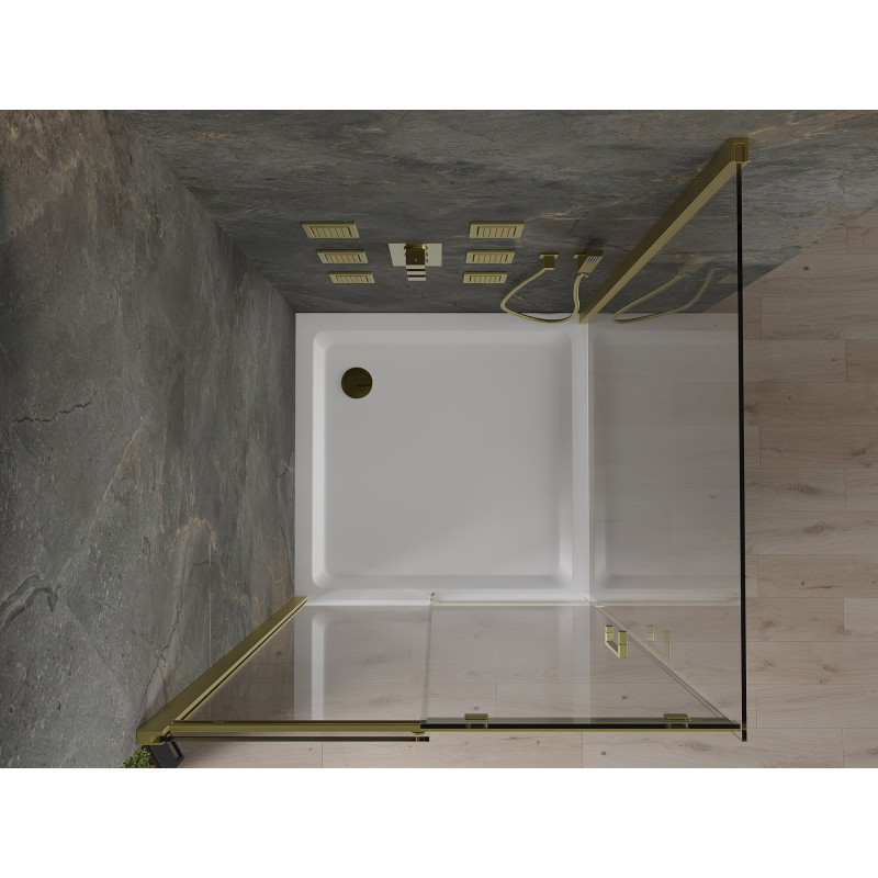 Mexen Omega drsna tuš kabina 100 x 100 cm, prozorna, zlata + tuš kad Flat - 825-100-100-50-00-4010
