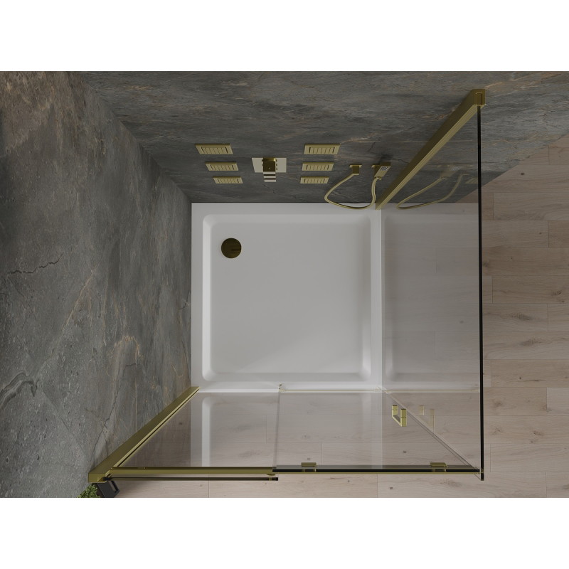 Mexen Omega kabina prysznicowa rozsuwana 100 x 100 cm, transparent, złota + brodzik Flat - 825-100-100-50-00-4010