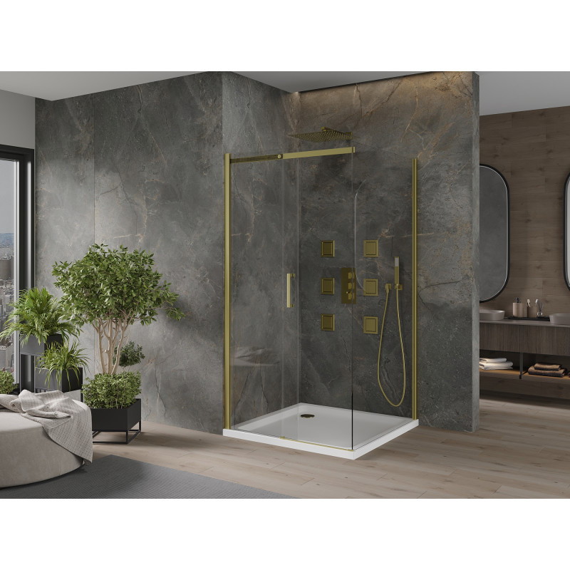Mexen Omega schuifbare douchecabine 100 x 100 cm, transparant, goud + Flat douchebak - 825-100-100-50-00-4010
