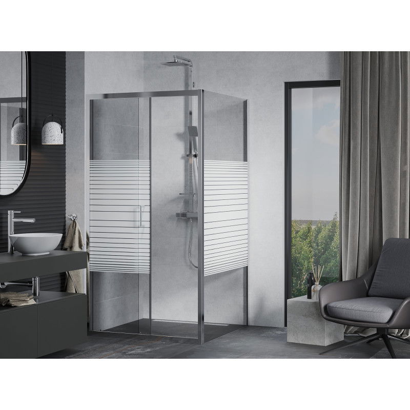 Mexen Apia cabine de douche coulissante 100 x 100 cm, bandes blanches, chrome - 840-100-100-01-20