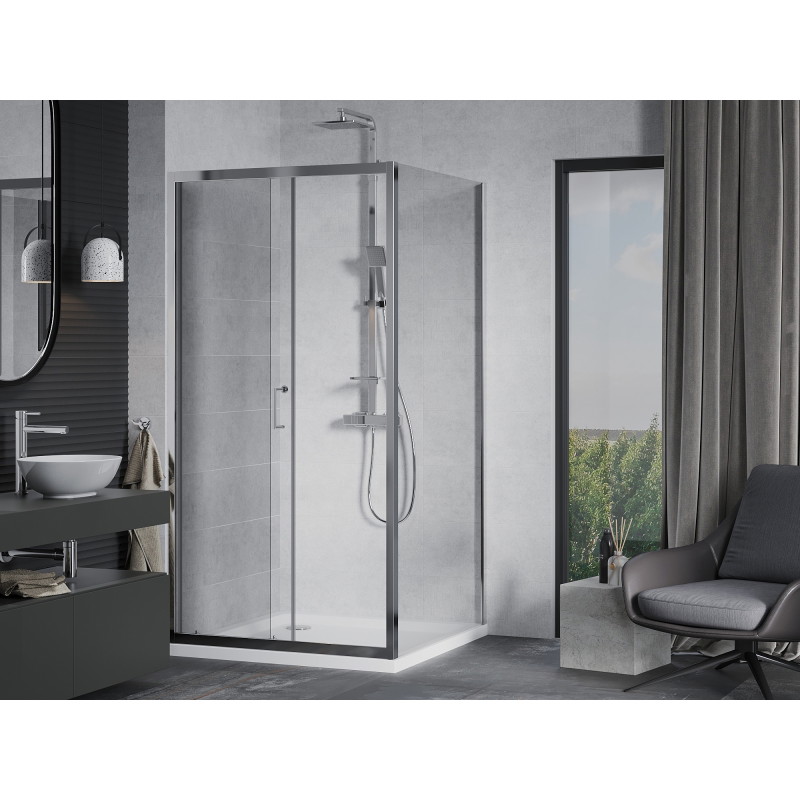 Mexen Apia 90 x 90 cm nihutatav dušinurk, läbipaistev, kroom + Flat dušialus - 840-090-090-01-00-4010