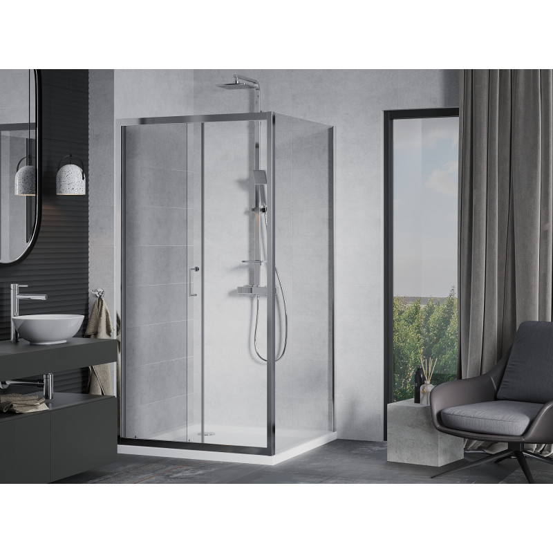 Mexen Apia Schiebeduschkabine 90 x 90 cm, transparent, Chrom + Duschwanne Flat - 840-090-090-01-00-4010
