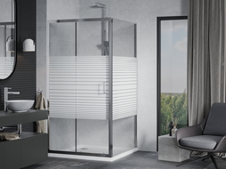 Mexen Apia 90 x 90 cm drsna pršna kabina, bele črte, krom + Flat tuš kad - 840-090-090-01-20-4010