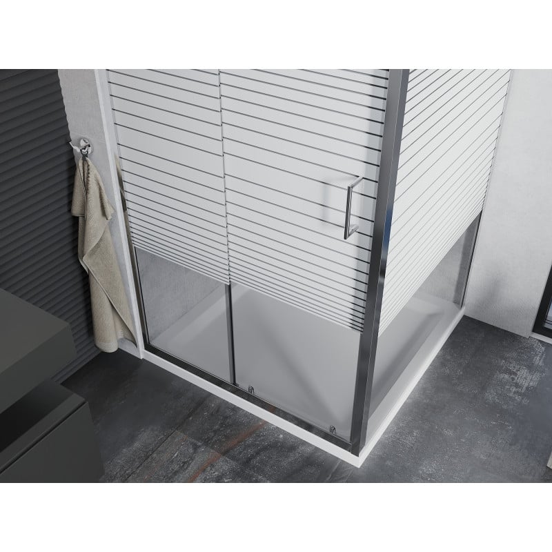 Mexen Apia kabina prysznicowa rozsuwana 90 x 90 cm, białe pasy, chrom + brodzik Flat - 840-090-090-01-20-4010