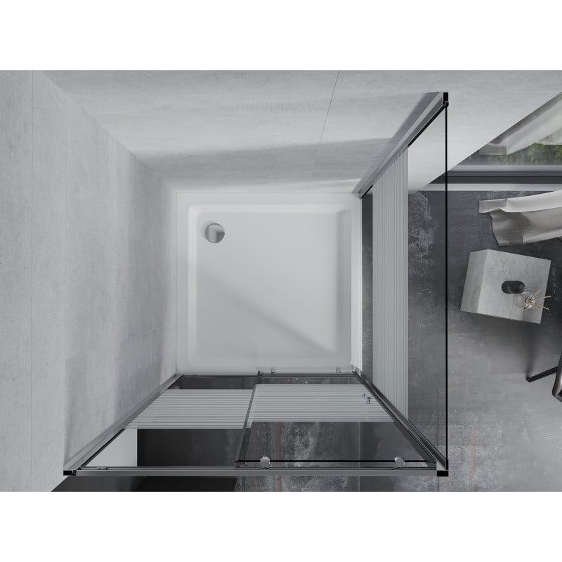Mexen Apia cabine de douche coulissante 90 x 90 cm, bandes blanches, chrome + receveur plat - 840-090-090-01-20-4010