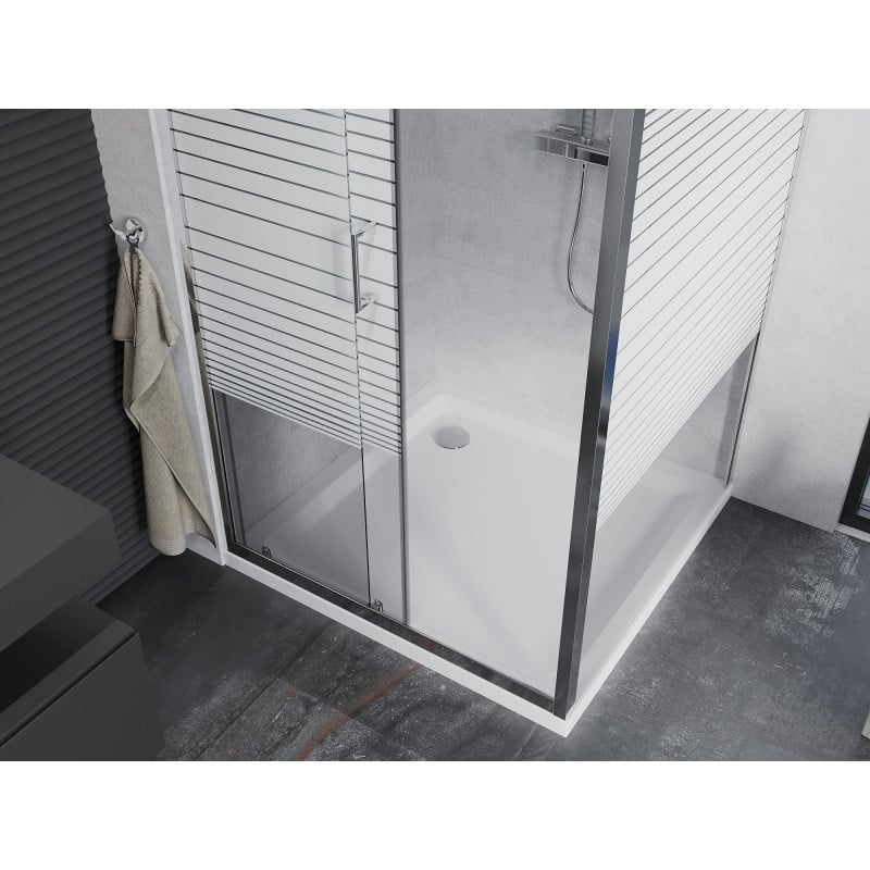 Mexen Apia kabina prysznicowa rozsuwana 90 x 90 cm, białe pasy, chrom + brodzik Flat - 840-090-090-01-20-4010