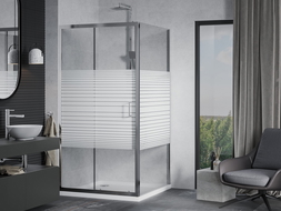 Mexen Apia drsna tuš kabina 100 x 100 cm, bele črte, krom + tuš kad Flat - 840-100-100-01-20-4010