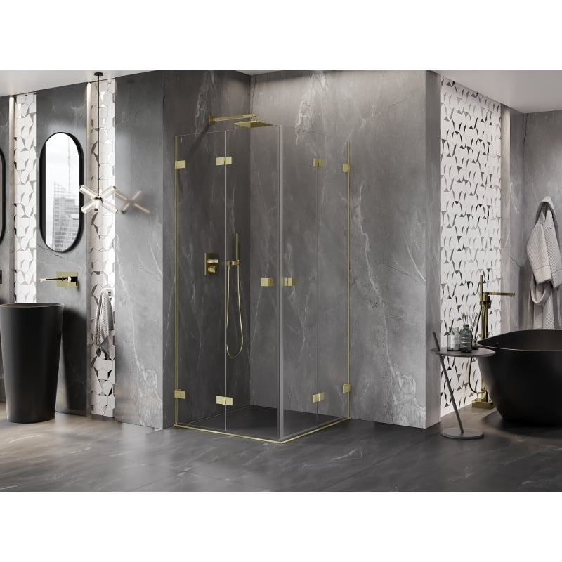 Mexen Lunar-F Duo kokkupandav dušinurk 90 x 90 cm, läbipaistev, harjatud kuldne - 836-090L-090P-55-00