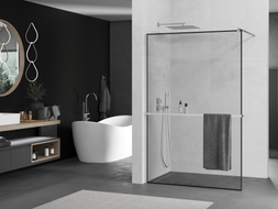 Mexen Kioto+ tuš pregrada s policom Walk-in 90 x 200 cm, crni okvir, krom - 800-090-121-01-70
