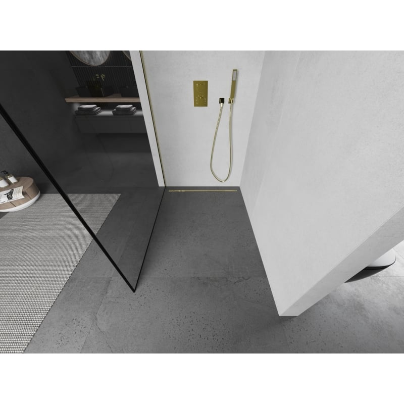 Mexen Kioto ścianka prysznicowa Walk-in 70 x 200 cm, czarna ramka 8 mm, złota - 800-070-101-50-70
