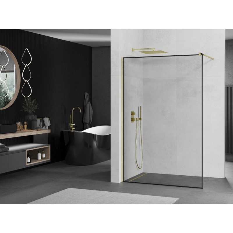 Mexen Kioto Walk-in Shower Wall 100 x 200 cm, Black Frame 8 mm, Gold - 800-100-101-50-70