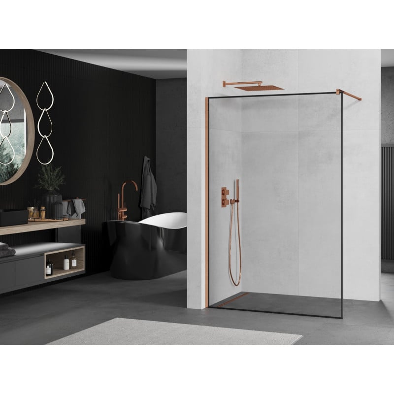 Mexen Kioto Walk-in Shower Wall 70 x 200 cm, Black Frame 8 mm, Rose Gold - 800-070-101-60-70