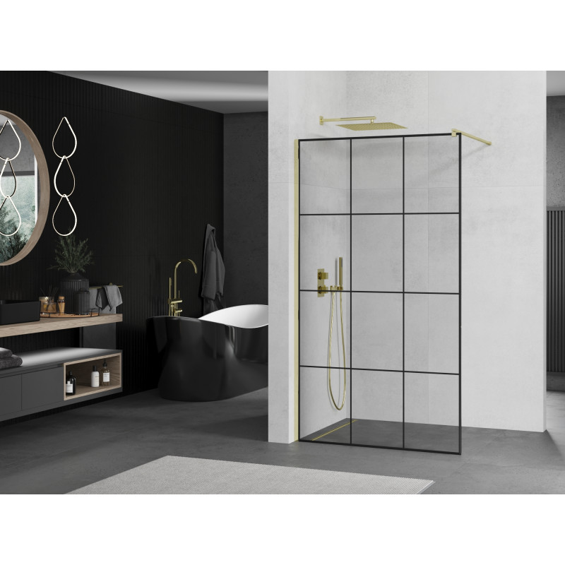 Mexen Kioto walk-in douchewand 100 x 200 cm, zwart raster 8 mm, goud - 800-100-101-50-77