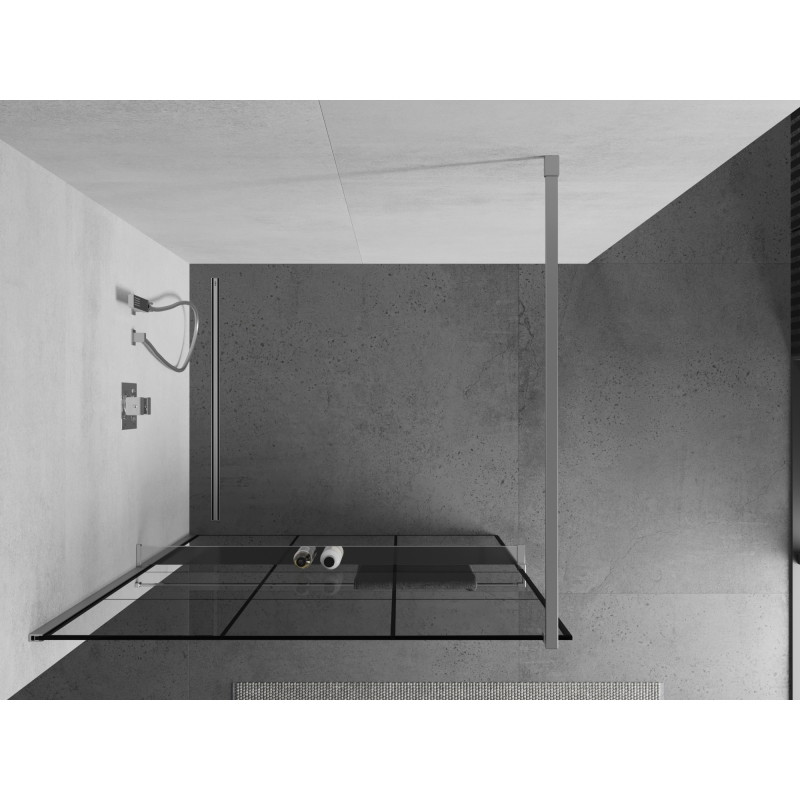 Mexen Kioto+ ścianka prysznicowa z półką Walk-in 120 x 200 cm, czarna kratka, chrom - 800-120-121-01-77