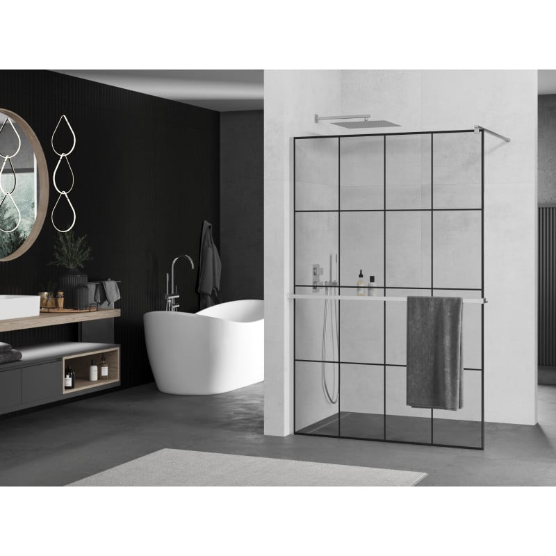 Mexen Kioto+ ścianka prysznicowa z półką Walk-in 130 x 200 cm, czarna kratka, chrom - 800-130-121-01-77
