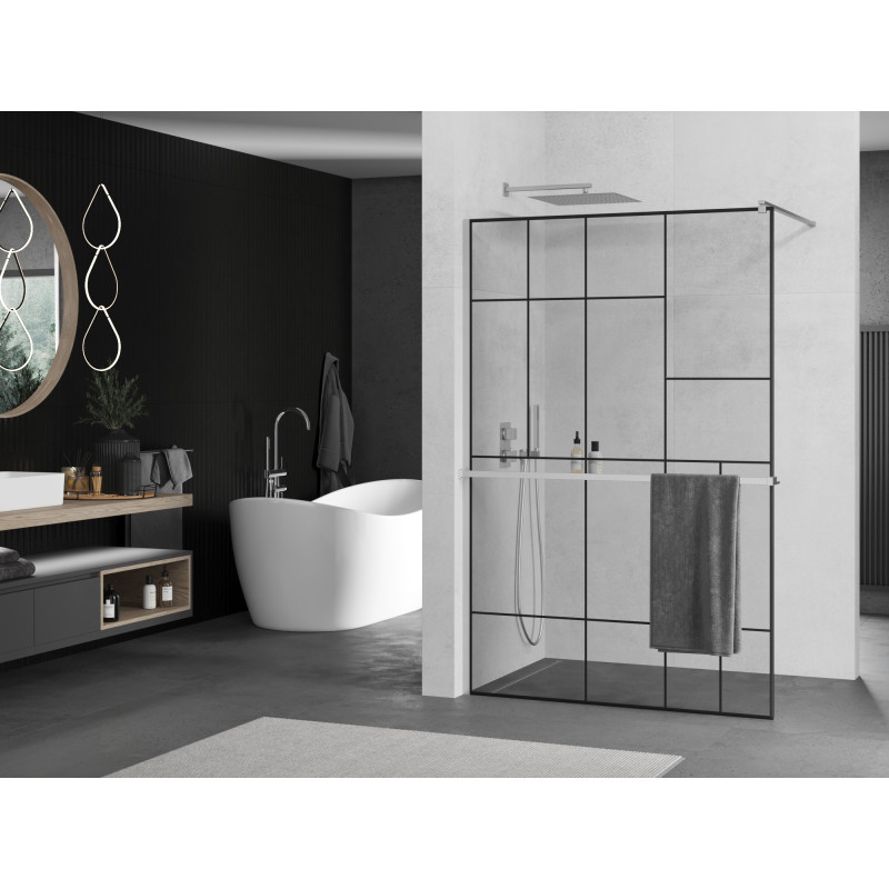 Mexen Kioto+ douchescherm met plank Walk-in 100 x 200 cm, zwart patroon, chroom - 800-100-121-01-78