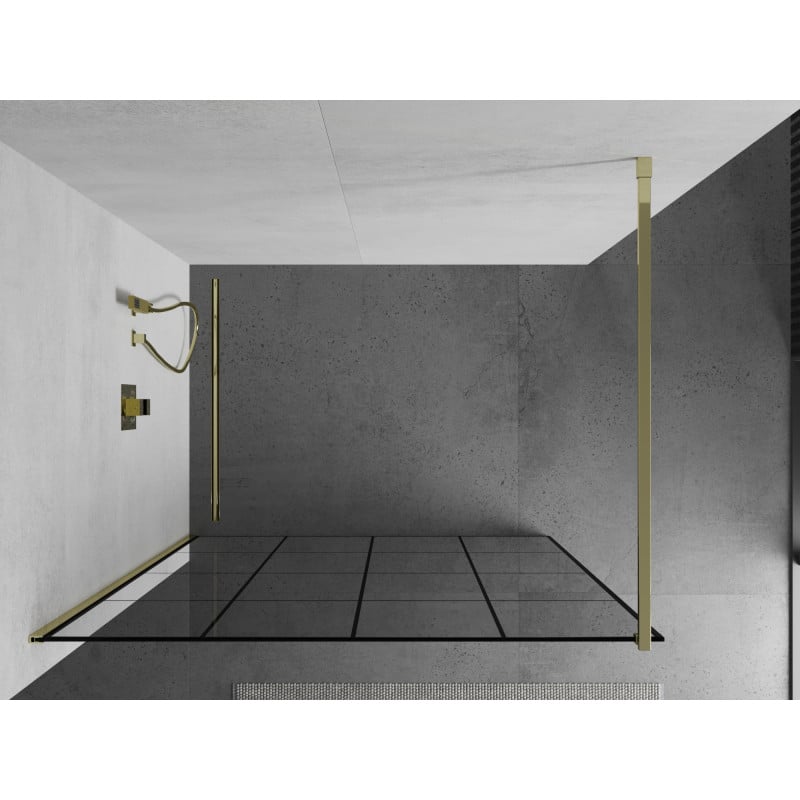 Mexen Kioto panel de ducha Walk-in 140 x 200 cm, cuadrícula negra de 8 mm, dorada - 800-140-101-50-77