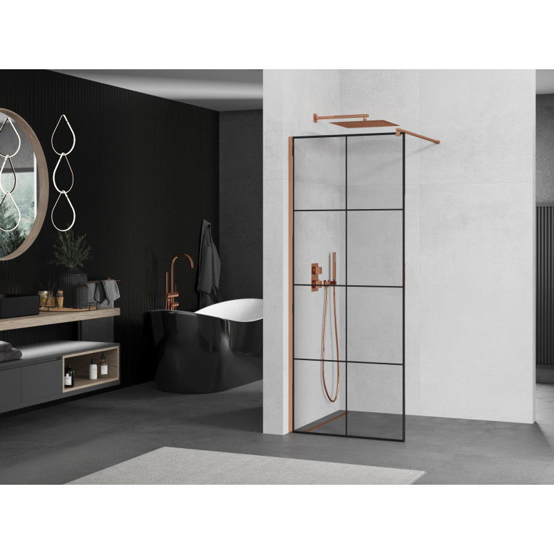 Mexen Kioto Duschwand Walk-in 90 x 200 cm, schwarzes Gitter 8 mm, Roségold - 800-090-101-60-77